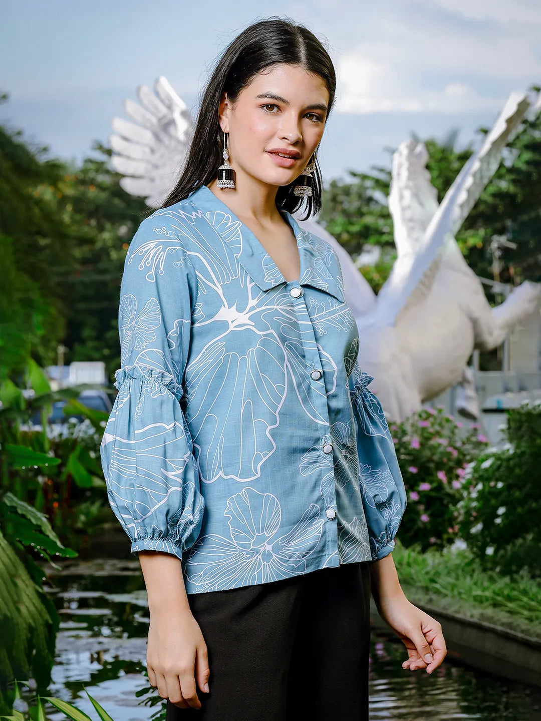Yufta Sky Blue Cotton Linen Puff Sleeve Shirt Style Top  Grab2Buy Yufta Grab2Buy