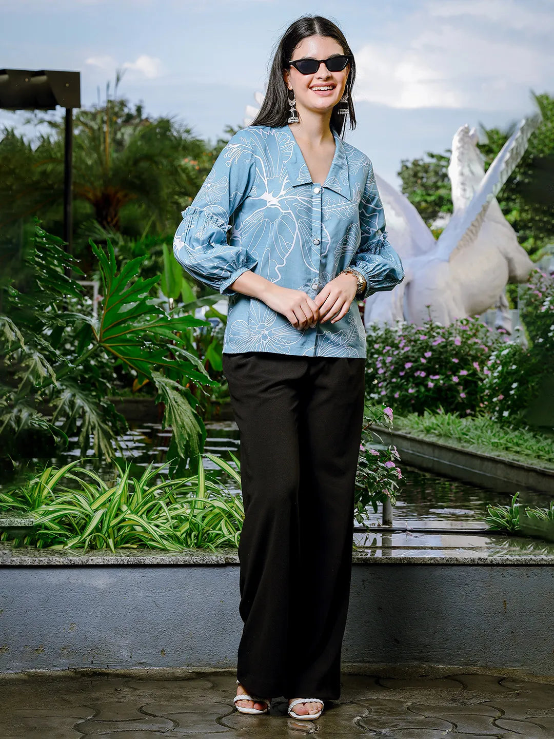 Yufta Sky Blue Cotton Linen Puff Sleeve Shirt Style Top  Grab2Buy Yufta Grab2Buy