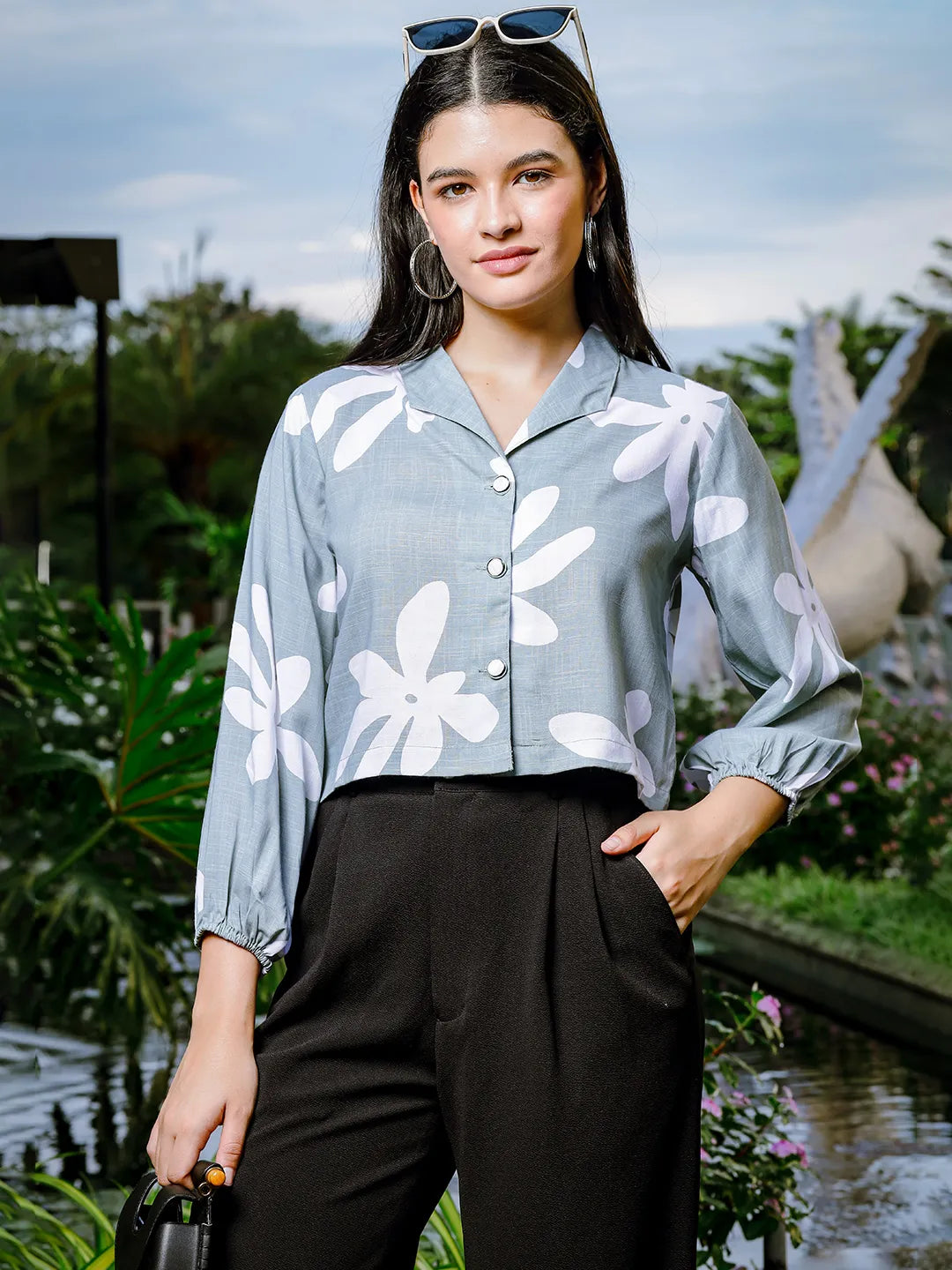 Yufta Green Cotton Linen Bishop Sleeve Shirt Style Top  Grab2Buy Yufta Grab2Buy