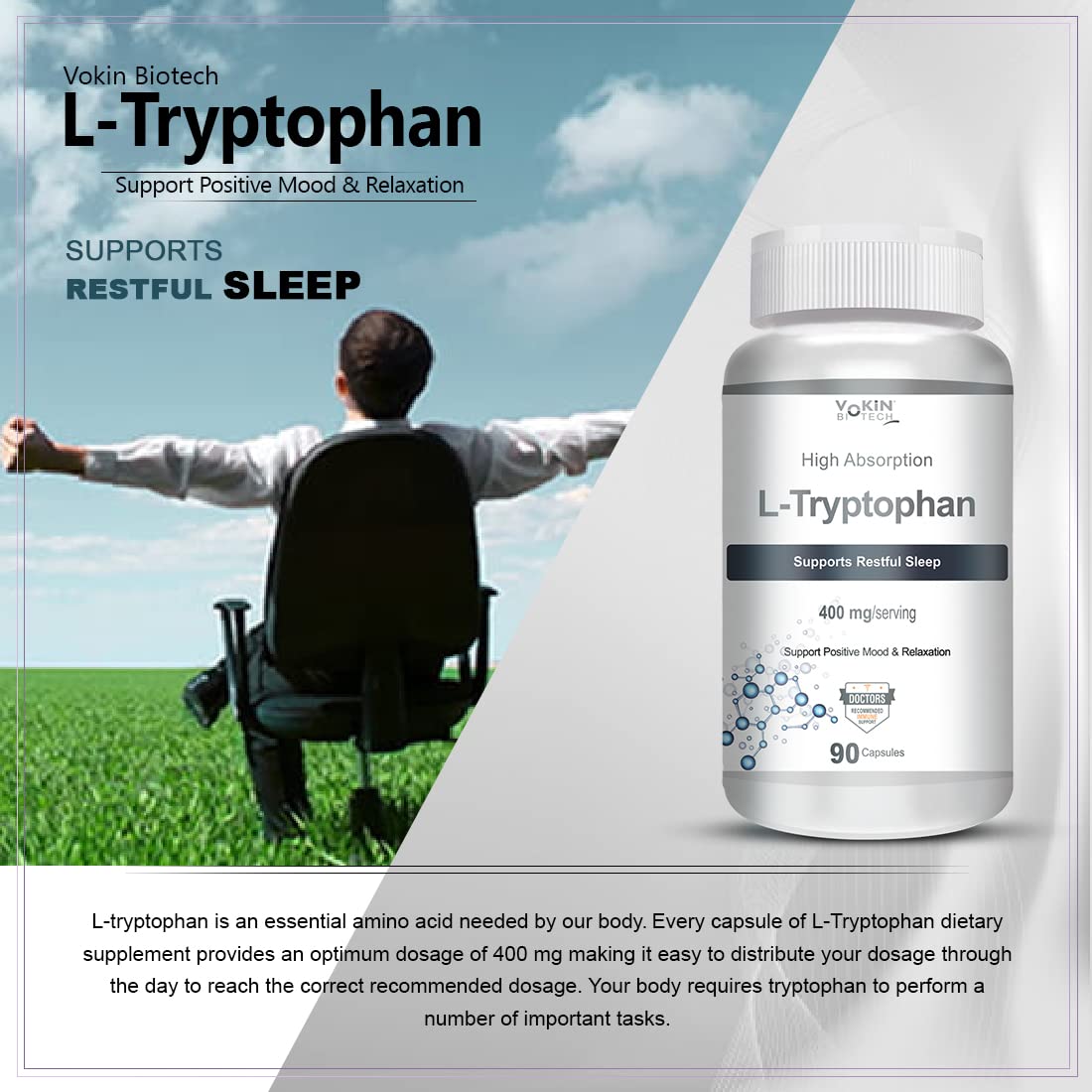 Vokin biotech L-Tryptophan – Support Positive Mood & Relaxation- 400mg  Grab2Buy Vokin Biotech Grab2Buy