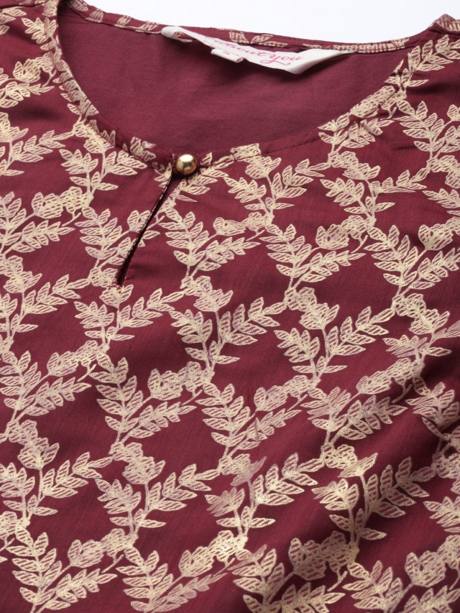 All About You Women Purple & Gold-Toned Ethnic Motifs Printed Regular Kurta with Trousers
