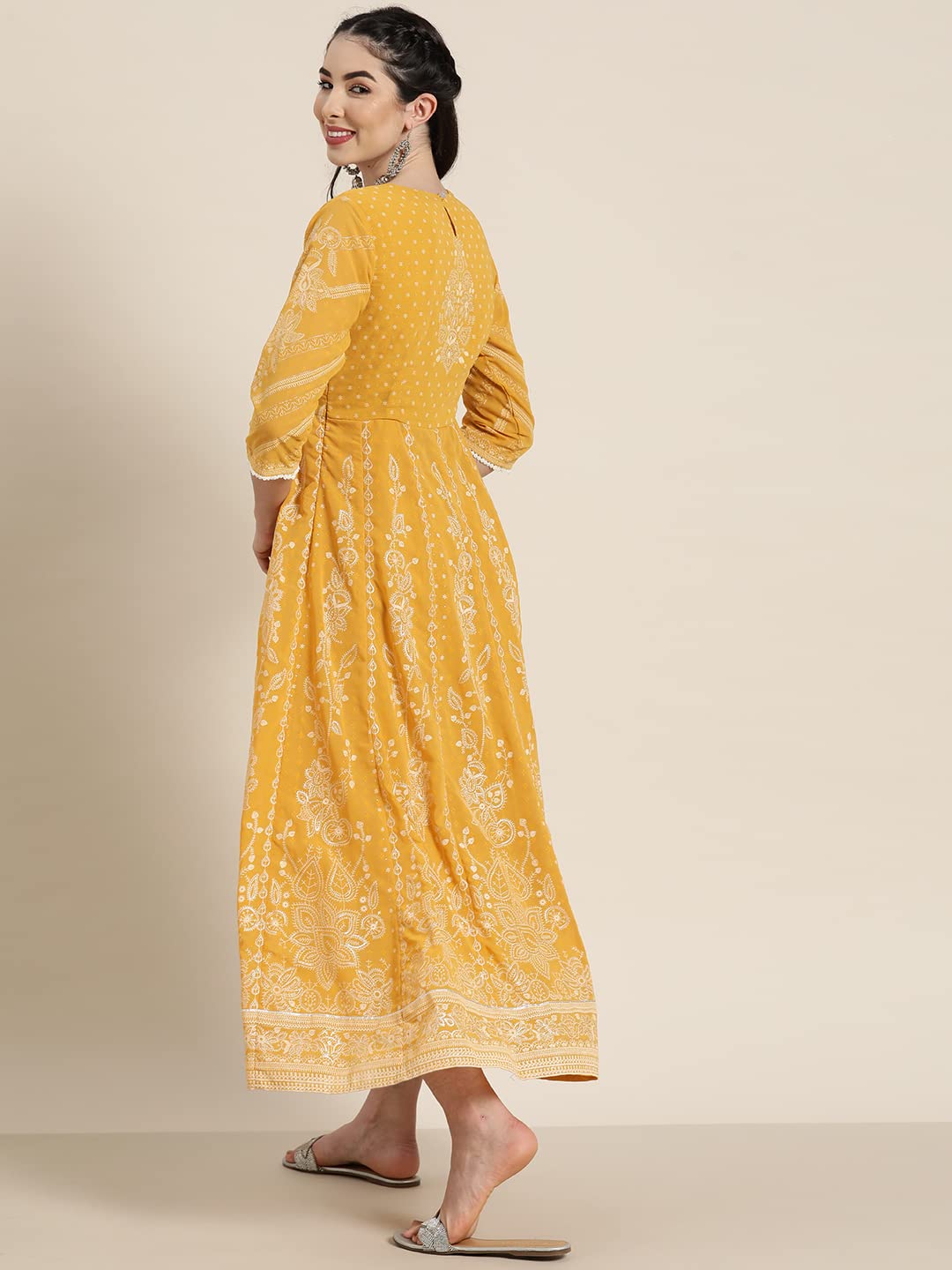 Juniper Women's Yellow Floral Printed Georgette Maxi Dress With Beads Kantha Work & Sequins At Neckline