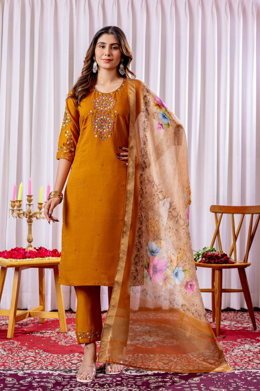 Pramukh Fab Mustard Color Viscose Silk Kurta Set