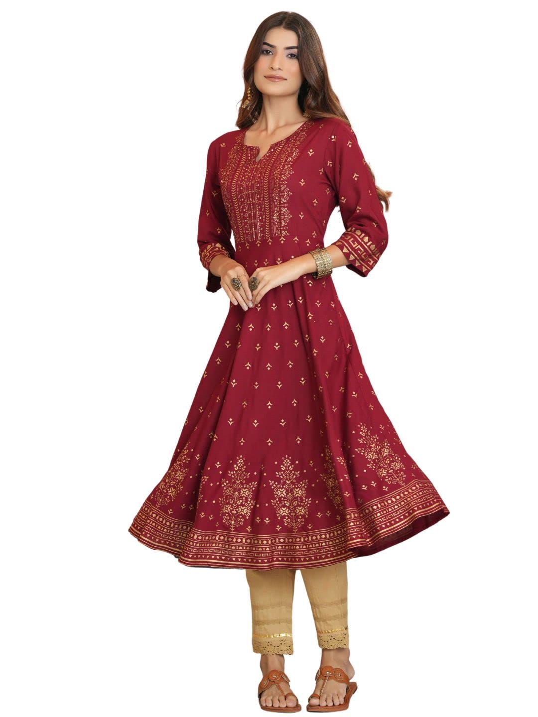 Juniper Women's Maroon Ethnic Motif Printed Rayon Kurta With Sequins