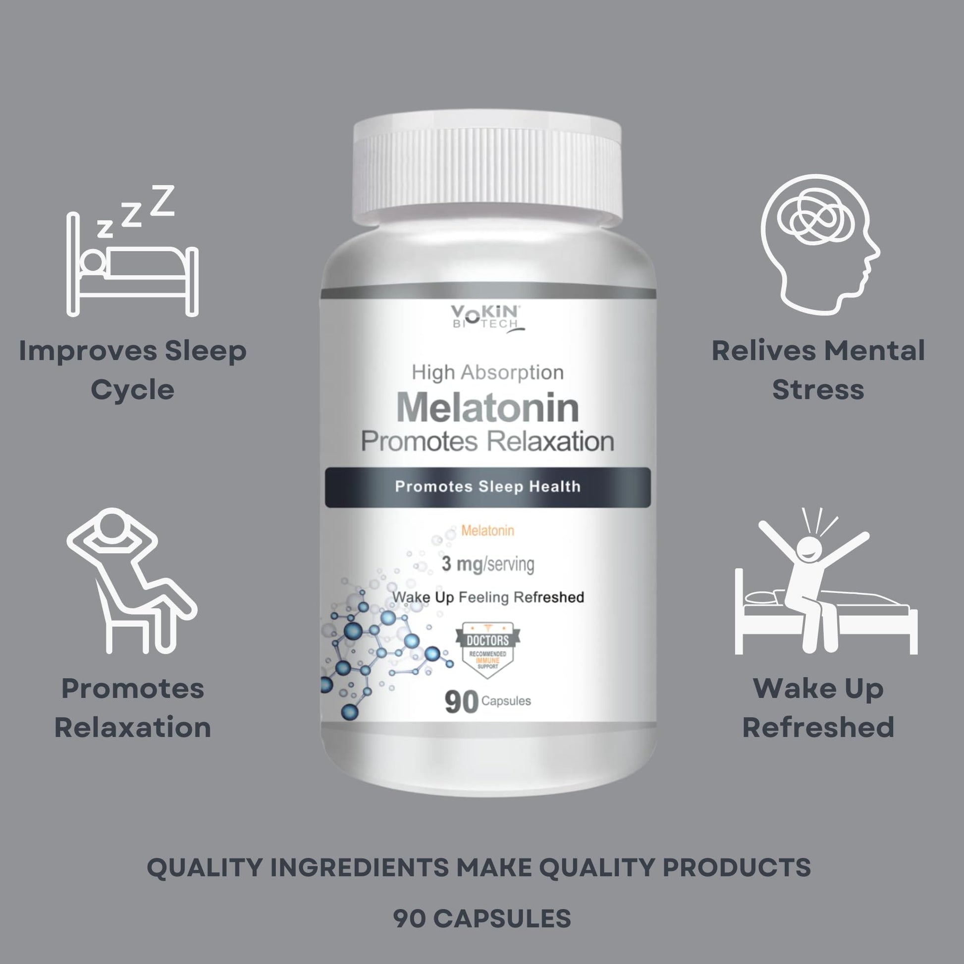 Vokin Biotech Melatonin 3mg Healthy Sleep Cycle | Helps Stress & Anxiety Relief | Improve Concentration  Grab2Buy Vokin Biotech Grab2Buy