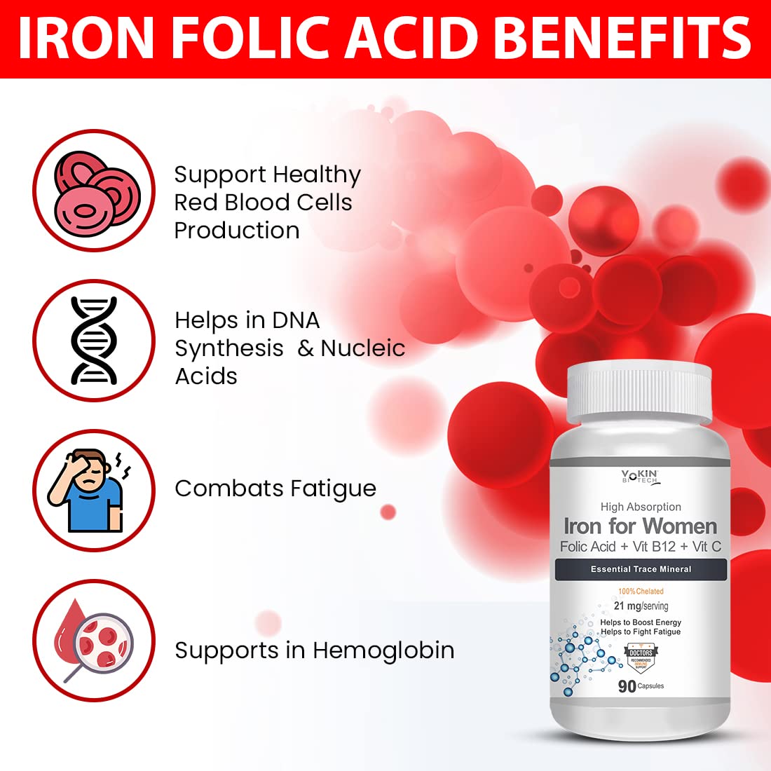 Vokin Biotech Iron Supplement for Women -100% Chelated - With Vitamin B12, Folic Acid & Vitamin C for High Absorption  Grab2Buy Vokin Biotech Grab2Buy