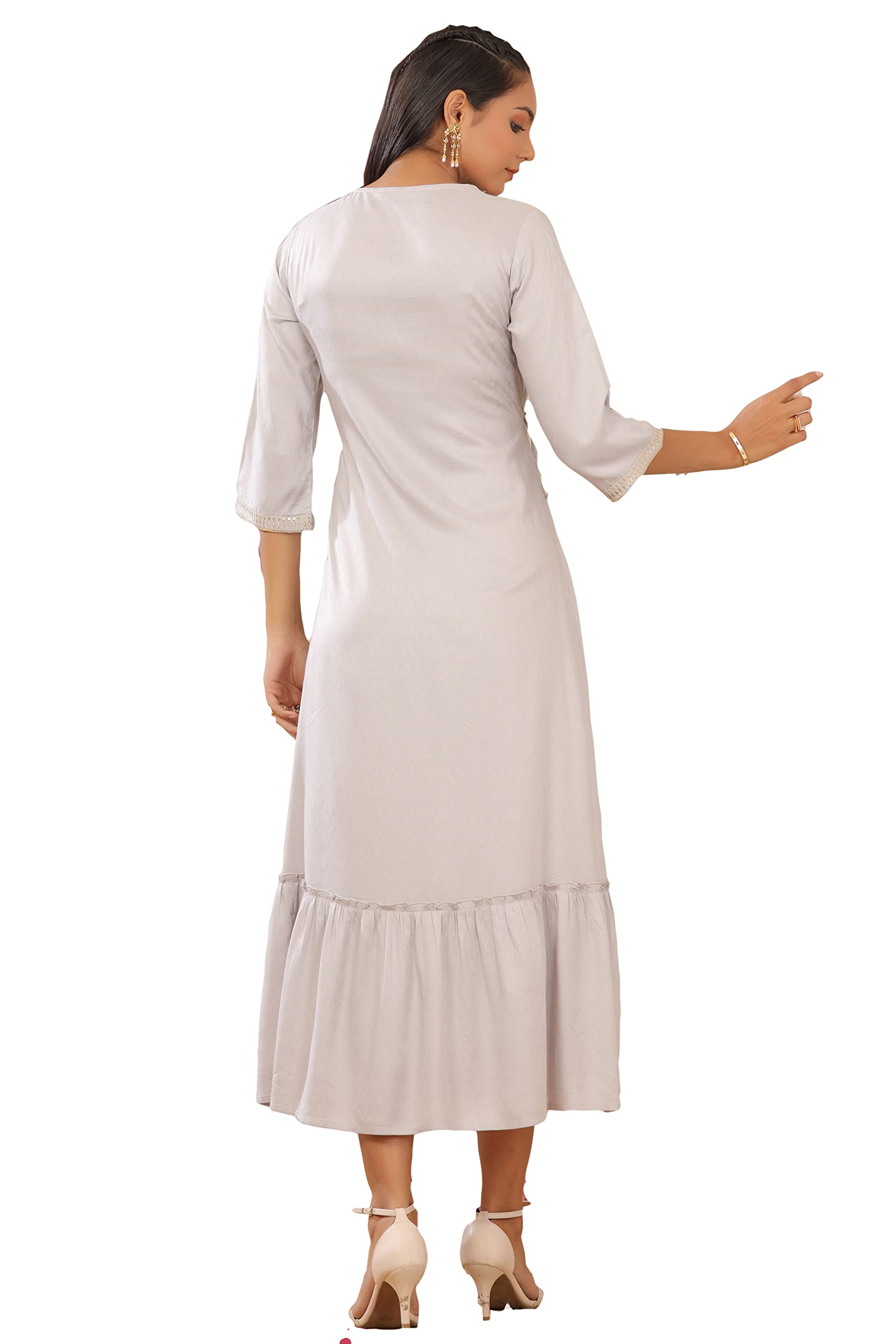 Juniper Women's Grey Zari Embroidered Rayon Dobby Maxi Dress