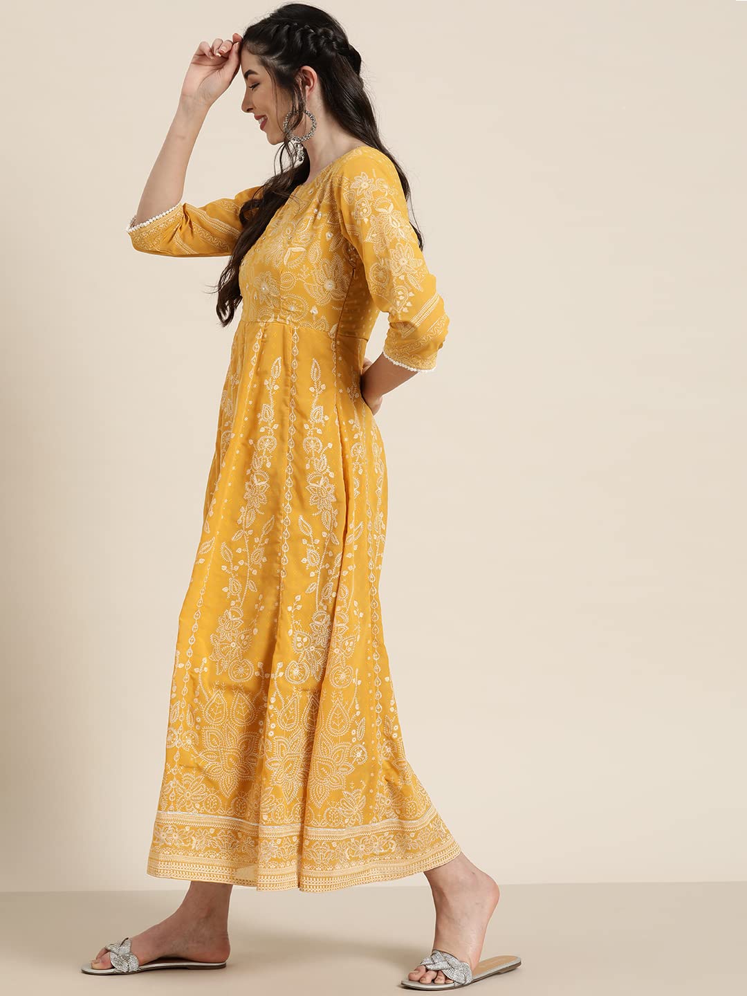 Juniper Women's Yellow Floral Printed Georgette Maxi Dress With Beads Kantha Work & Sequins At Neckline