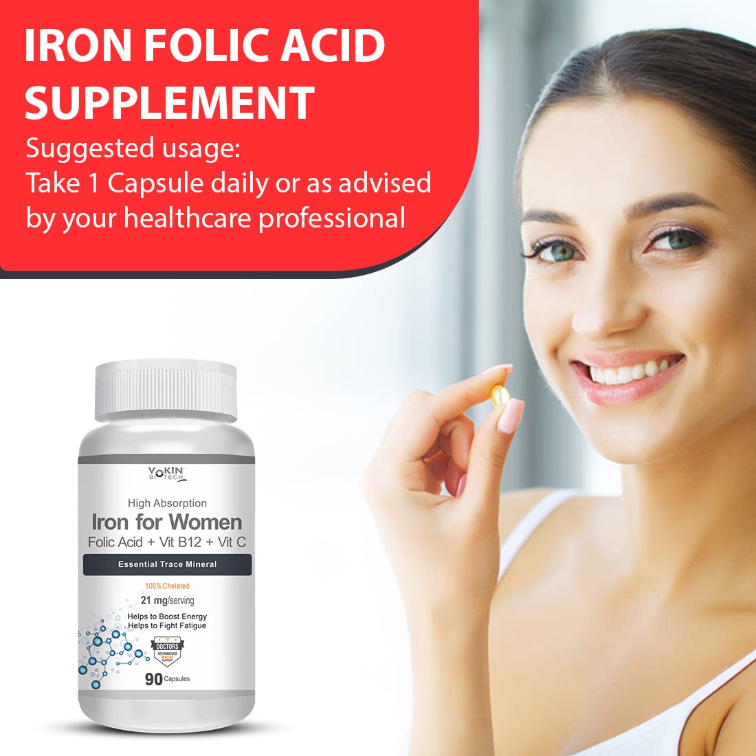 Vokin Biotech Iron Supplement for Women -100% Chelated - With Vitamin B12, Folic Acid & Vitamin C for High Absorption  Grab2Buy Vokin Biotech Grab2Buy
