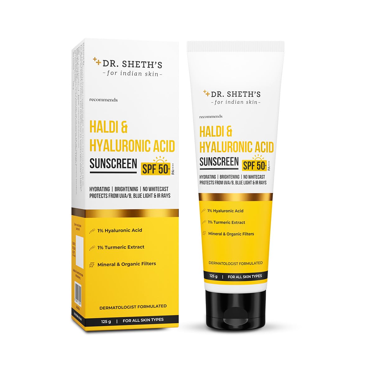 Dr. Sheth's Haldi & Hyaluronic Acid Sunscreen SPF 50+ PA+++ For Hydrating & Brightening Skin, Protects against UVA/UVB & Blue light - Grab2buy