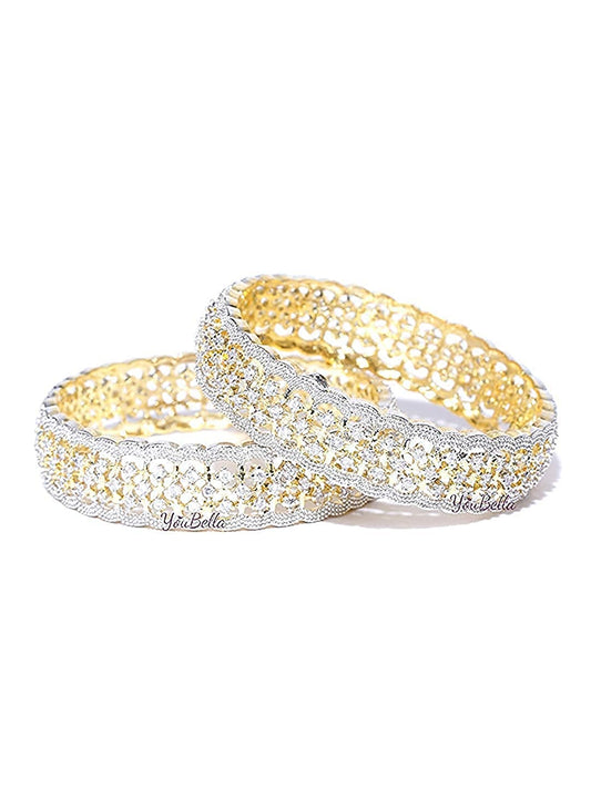 Gold-Plated Alloy American Diamond Broad Bangle Set - The Pari - Grab2buy