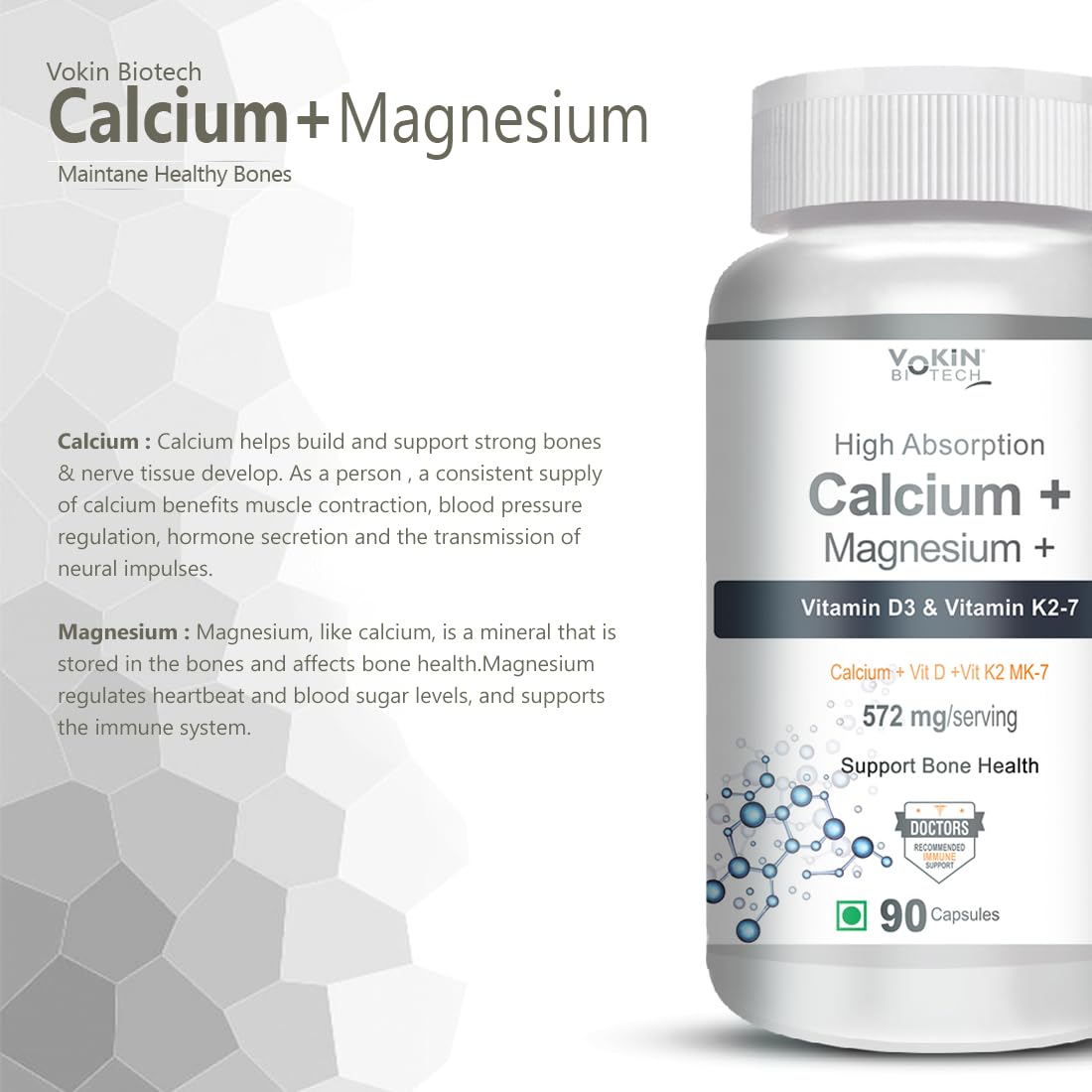 Vokin Biotech Calcium with Magnesium, Vitamin D3 & Vitamin K2- Mk-7 - Support Bone Health- 572mg  Grab2Buy Vokin Biotech Grab2Buy