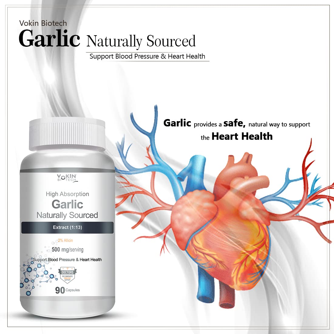 Vokin Biotech Garlic Extract 1:13 Allium Sativum - 500mg, Support Blood Pressure and Heart Health  Grab2Buy Vokin Biotech Grab2Buy