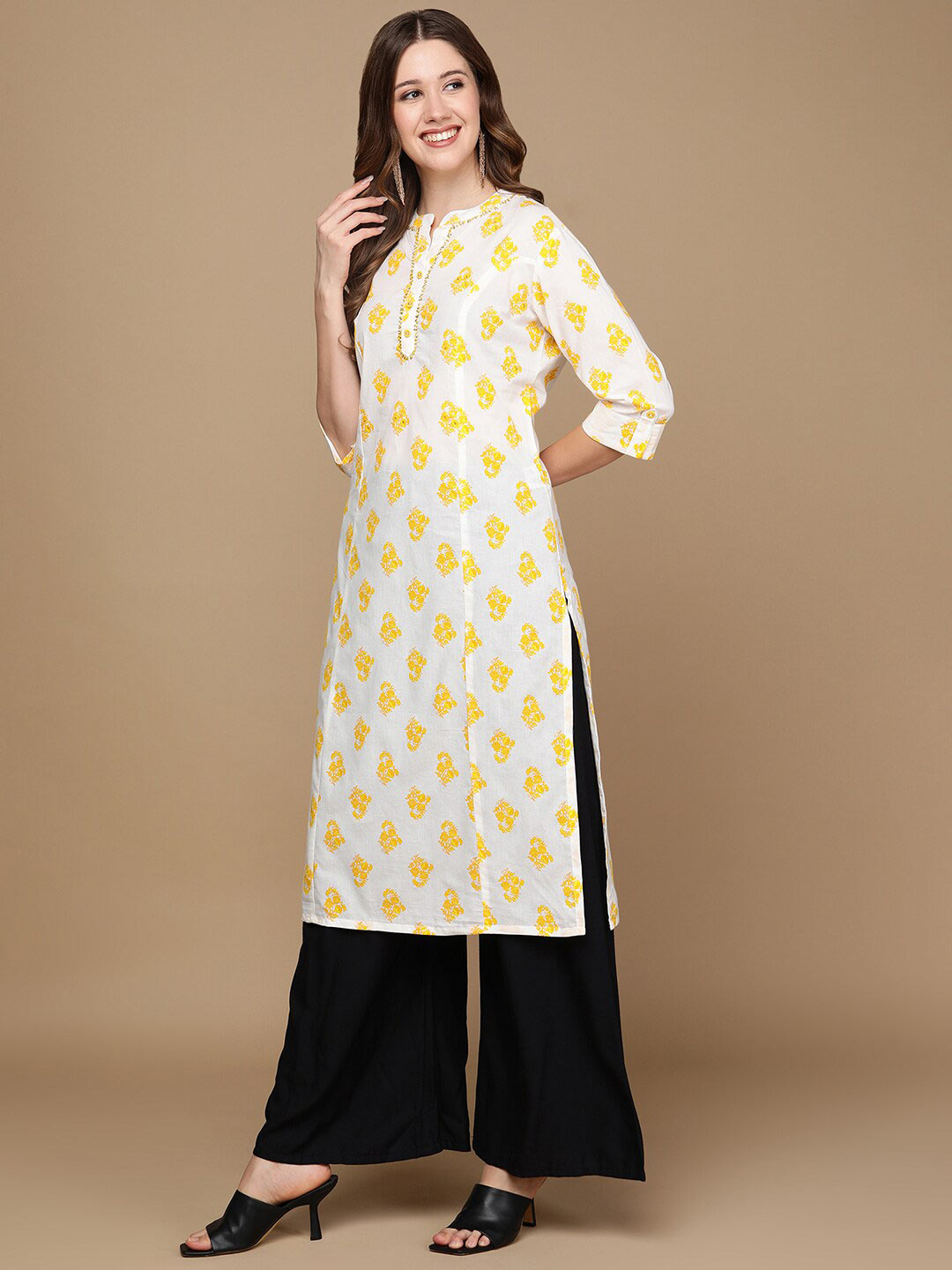 HERE&NOW White & Yellow Floral Printed Sequined Pure Cotton Kurta