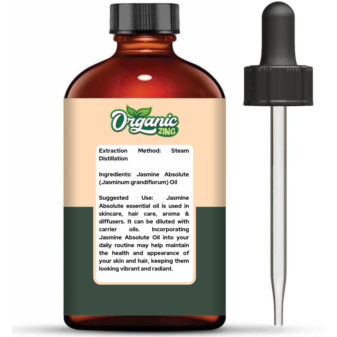 Organic Zing Jasmine Absolute (Jasminum grandiflorum) Oil | Pure & Natural Essential Oil for Skincare, Hair Care, Aroma and Diffusers