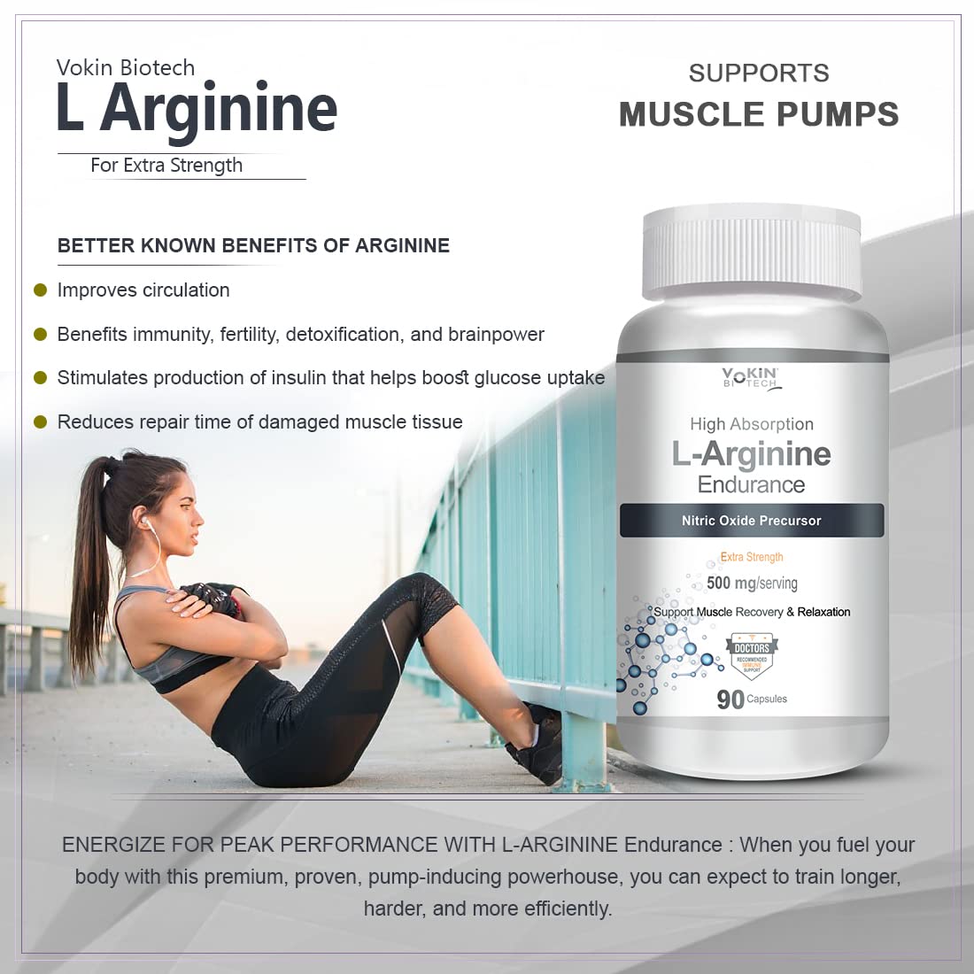 Vokin Biotech L-Arginine 500mg,Support Muscle Recovery & Relaxation  Grab2Buy Vokin Biotech Grab2Buy