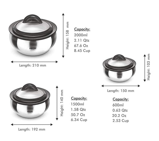 Milton Stainless Steel Casserole with Glass Lid - Set of 3 - Limited Time Offer