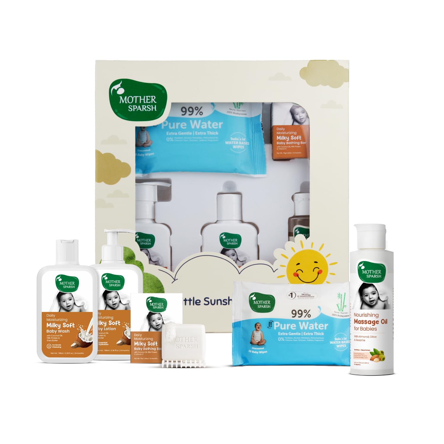 Mother Sparsh Gift Set for Babies, Combo of 5 Baby Skin Care Essentials (Sunshine Box) 