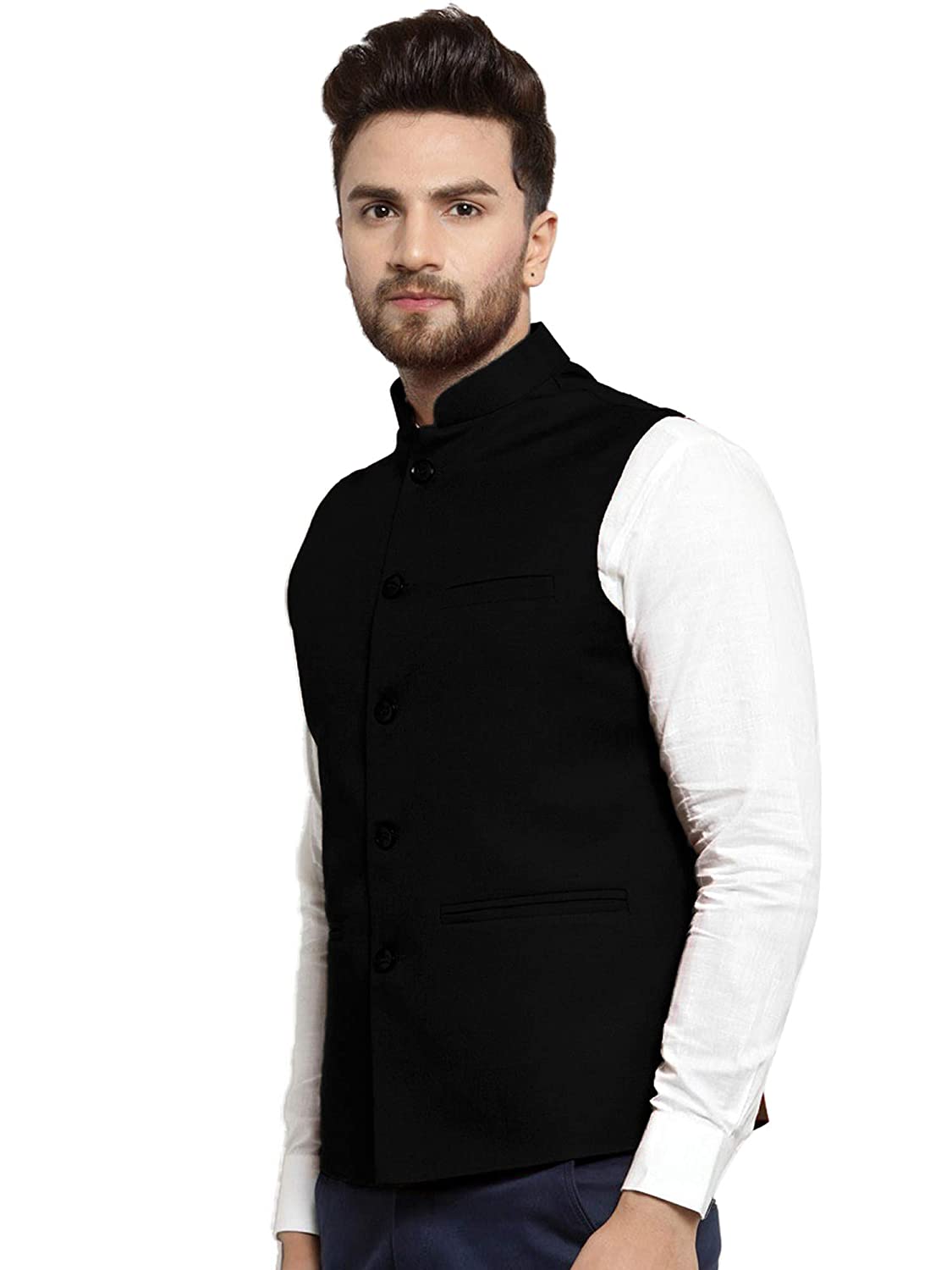 Vastraa Fusion Men's Cotton-Blended Mate Black Nehru Jacket/Waistcoat  Grab2Buy Vastraa Fusion Grab2Buy