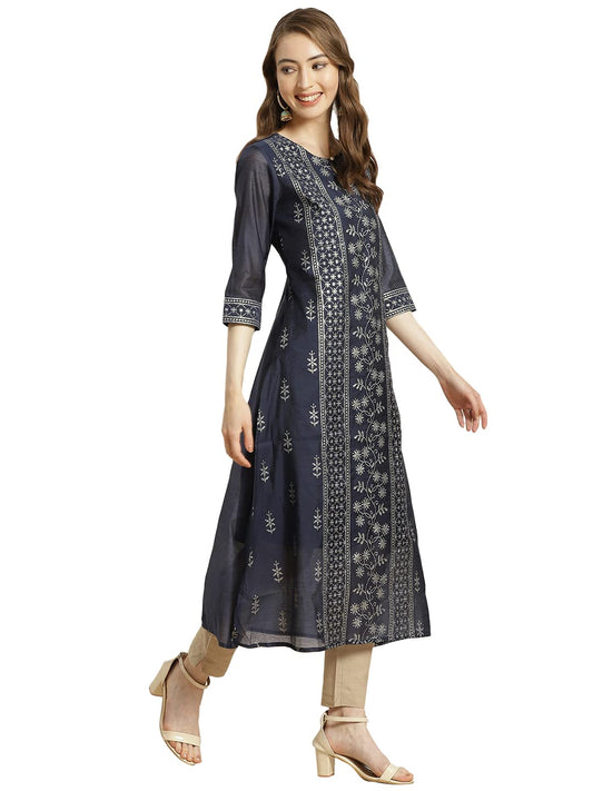 Juniper Women's Indigo Floral Printed Chanderi A-Line Kurta