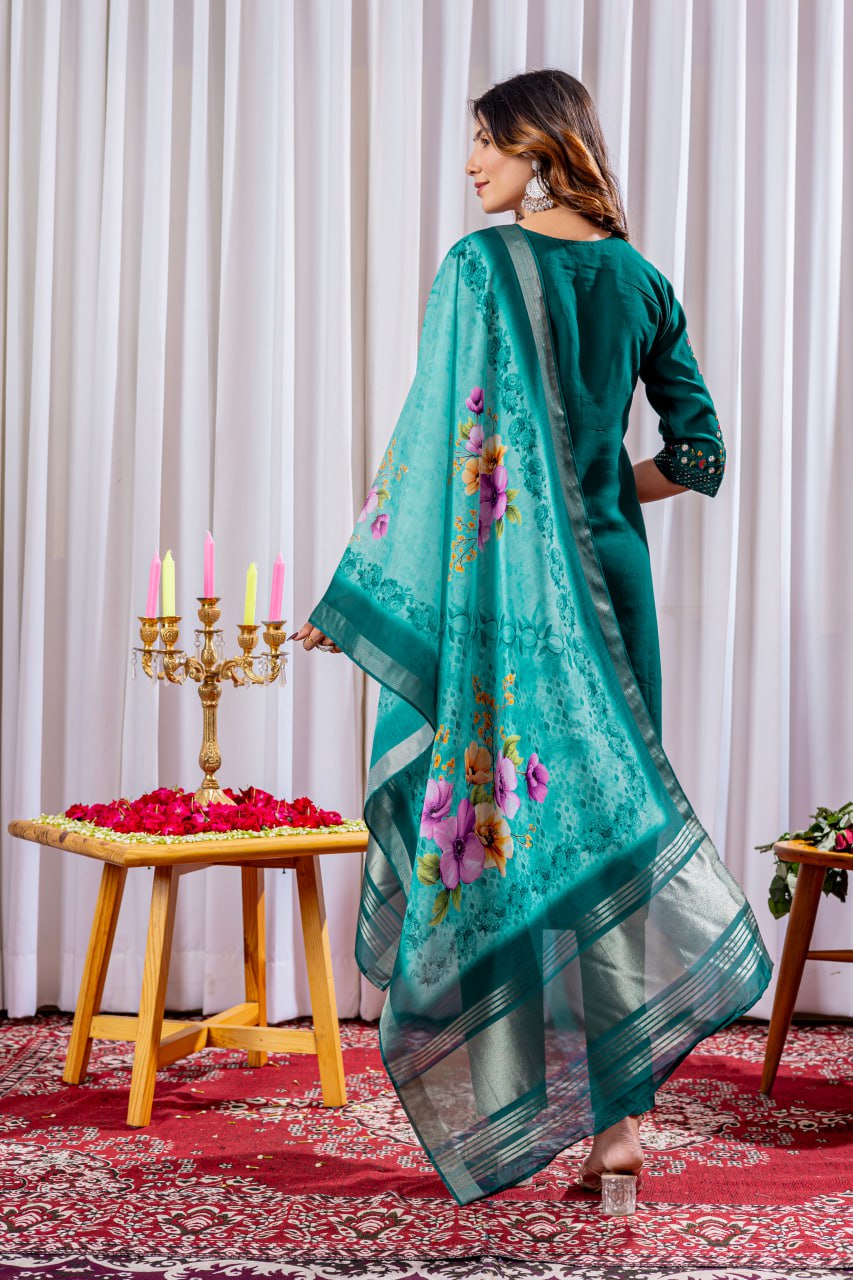 Pramukh Fab Teal Green Color Viscose Silk Kurta Set