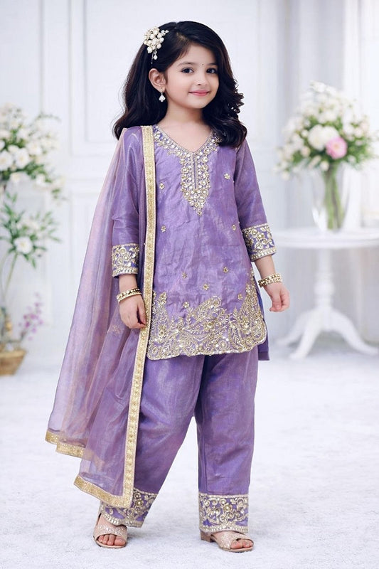Evanik Purple Designer Party Wear Look Kids Top Salwar & Dupata