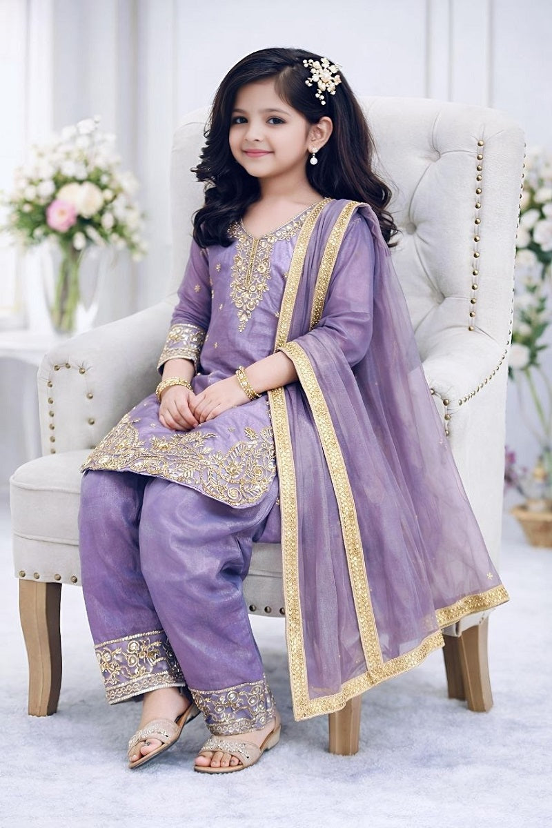 Evanik Purple Designer Party Wear Look Kids Top Salwar & Dupata