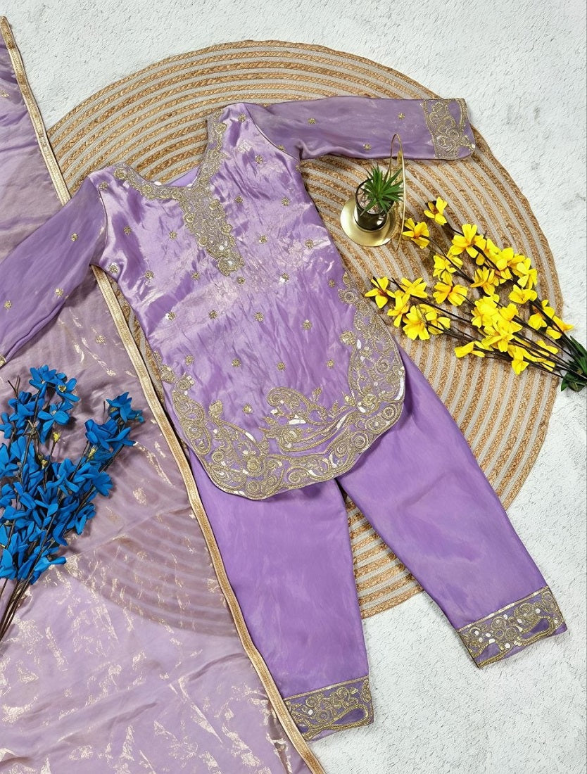 Evanik Purple Designer Party Wear Look Kids Top Salwar & Dupata
