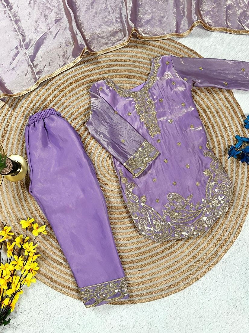 Evanik Purple Designer Party Wear Look Kids Top Salwar & Dupata