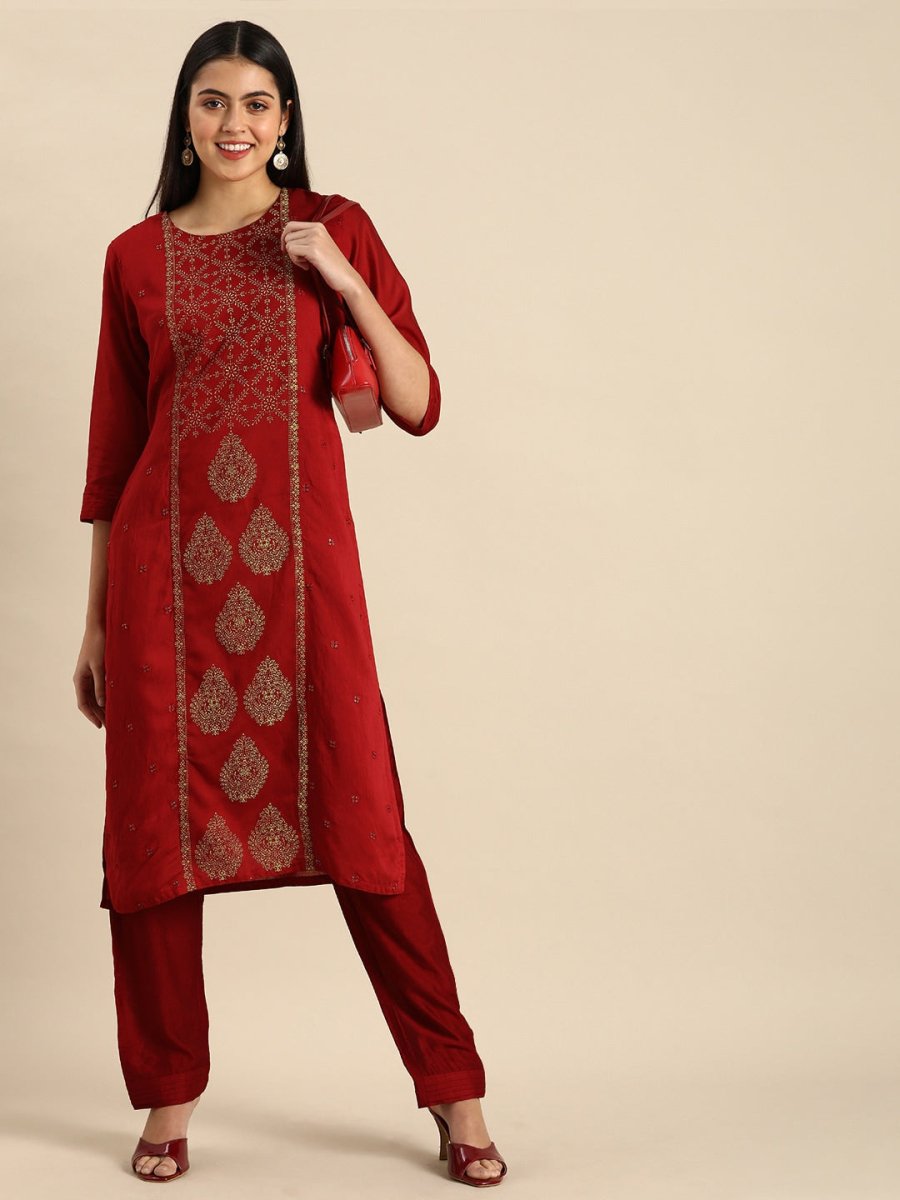 All About You Women Red & Golden Ethnic Motifs Embroidered Kurta Set