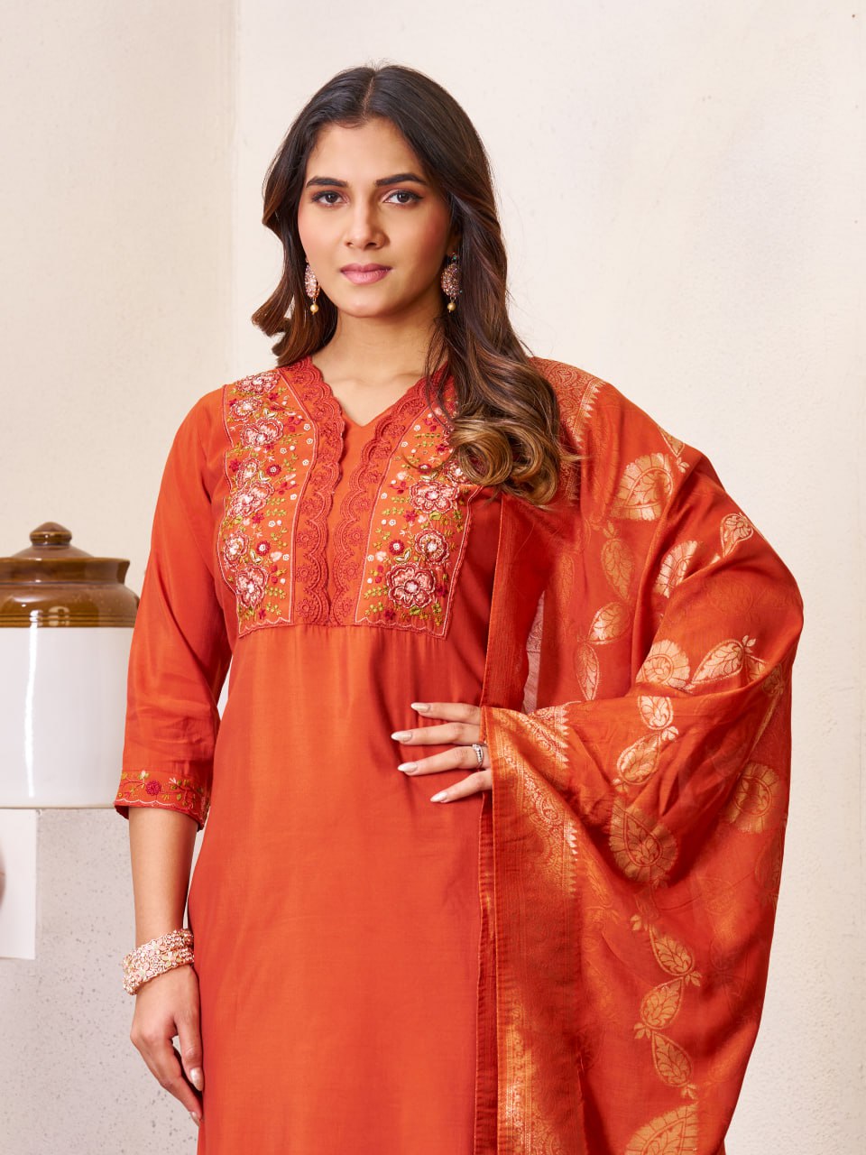Pramukh Fab Orange Color Roman Silk Kurta Set