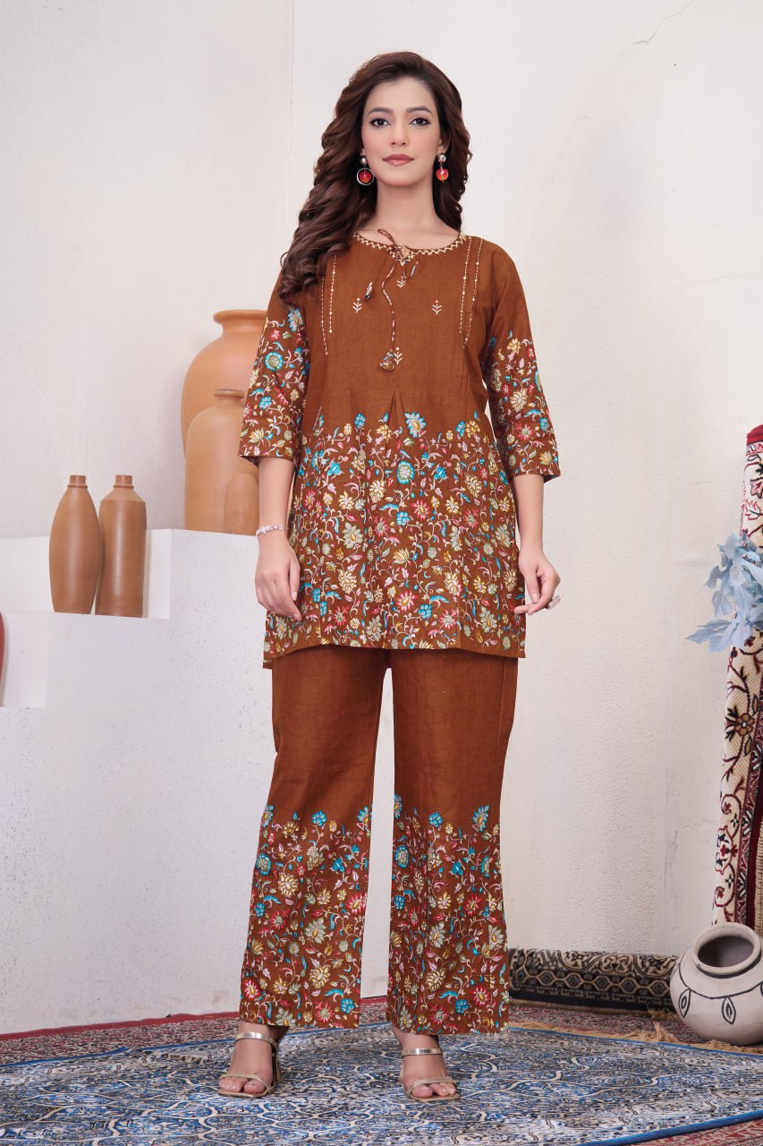 Pramukh Fab Brown Color Cotton Co-ord Set