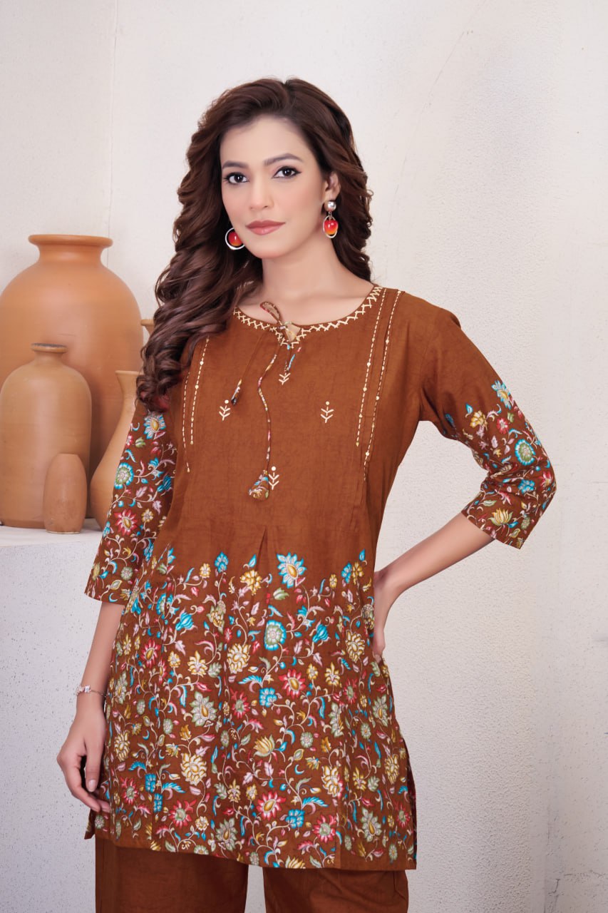 Pramukh Fab Brown Color Cotton Co-ord Set