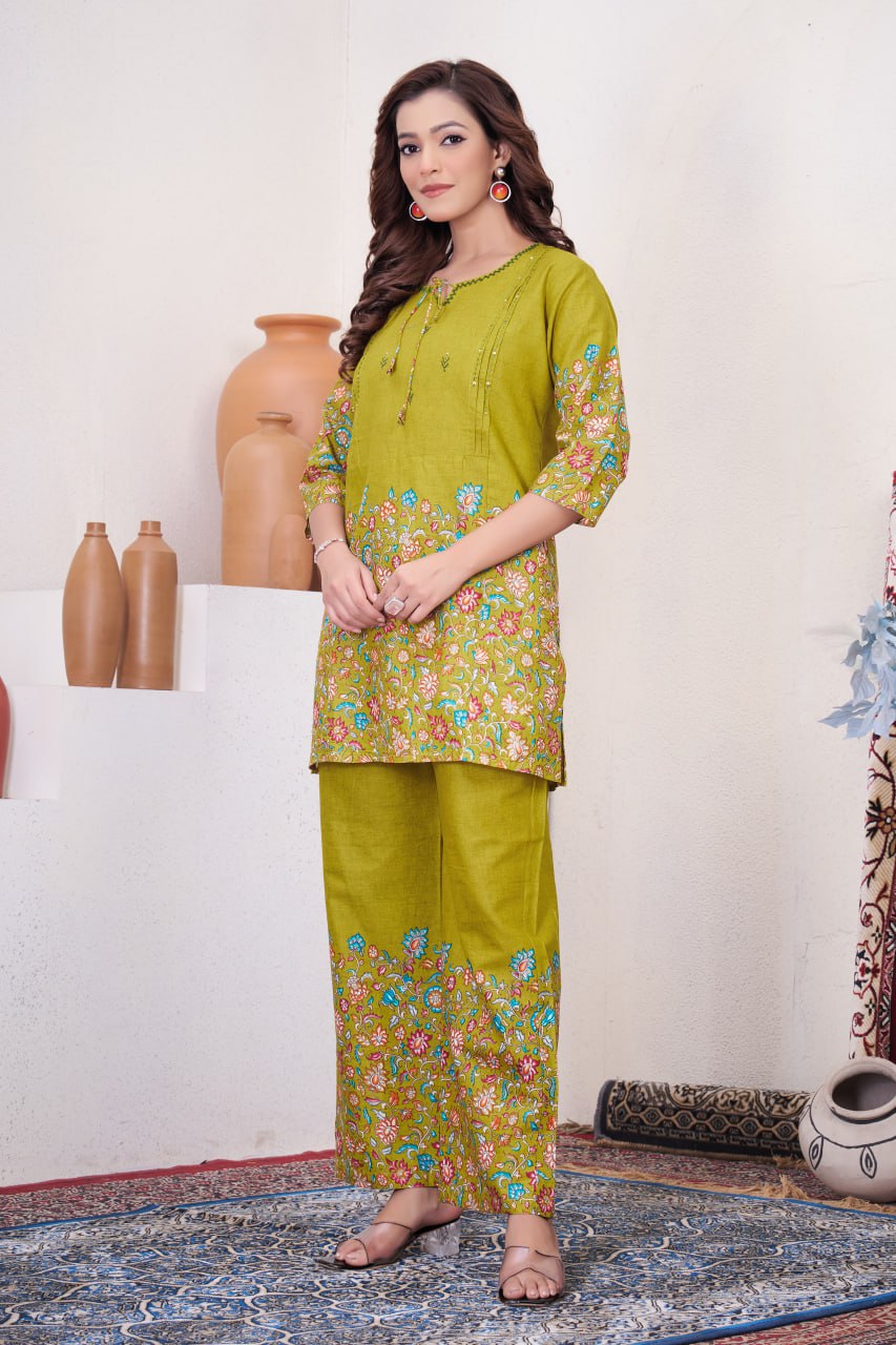 Pramukh Fab Olive Color Cotton Co-ord Set