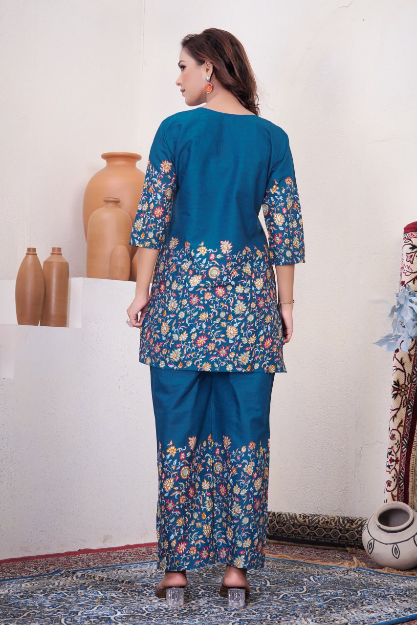 Pramukh Fab Teal Color Cotton Co-ord Set