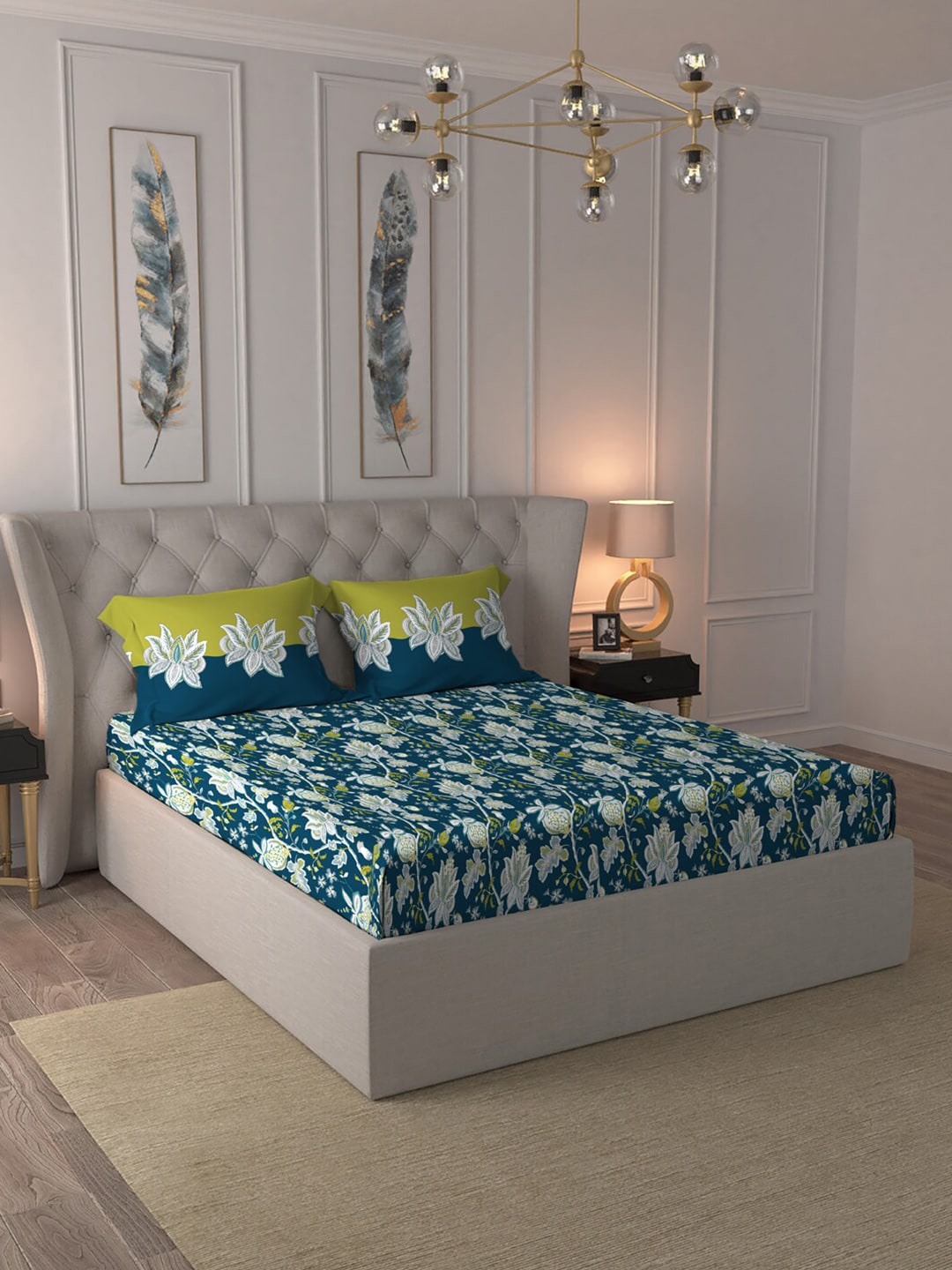 MYTRIDENT Blue White Floral Cotton 144 TC Queen Bedsheet With 2 Pillow Covers 