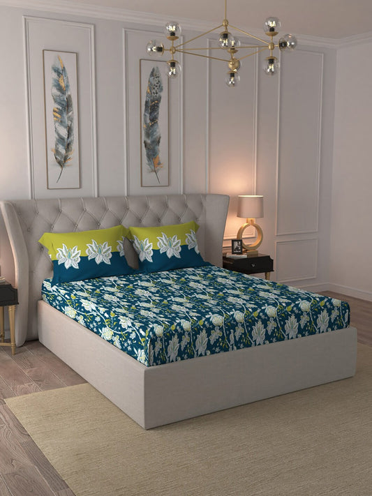 MYTRIDENT Blue White Floral Cotton 144 TC Queen Bedsheet With 2 Pillow Covers 