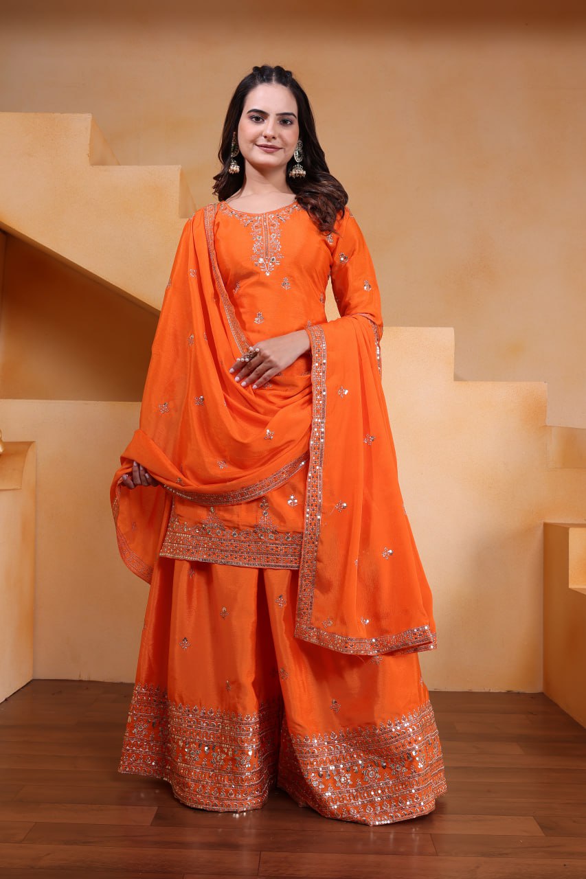 Yash Enterprise Orange Chinon Silk Embroidery Party Wear Suit Set  Grab2Buy Yash Enterprise Grab2Buy