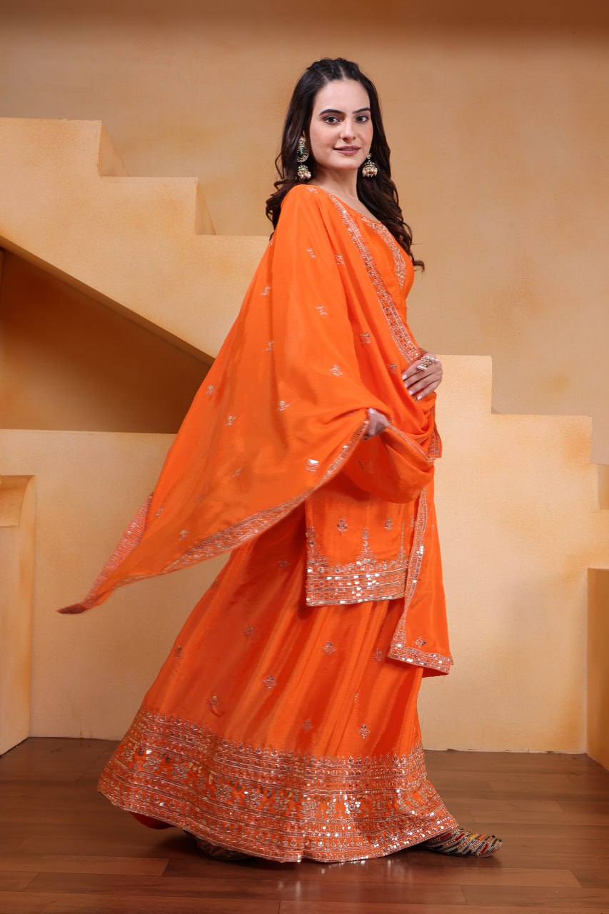 Yash Enterprise Orange Chinon Silk Embroidery Party Wear Suit Set  Grab2Buy Yash Enterprise Grab2Buy
