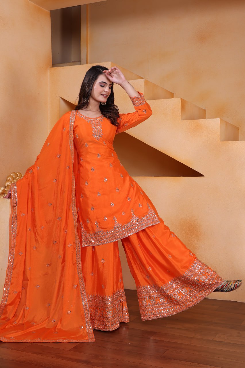 Yash Enterprise Orange Chinon Silk Embroidery Party Wear Suit Set  Grab2Buy Yash Enterprise Grab2Buy