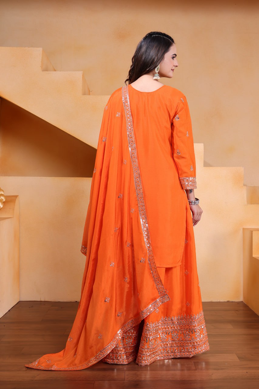 Yash Enterprise Orange Chinon Silk Embroidery Party Wear Suit Set  Grab2Buy Yash Enterprise Grab2Buy