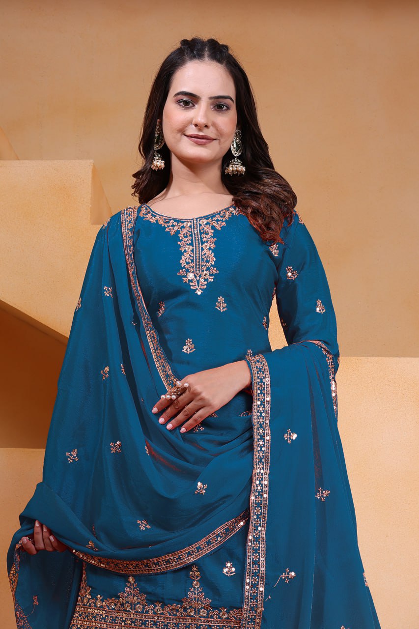 Yash Enterprise Rama Green Chinon Silk Embroidery Party Wear Suit Set  Grab2Buy Yash Enterprise Grab2Buy
