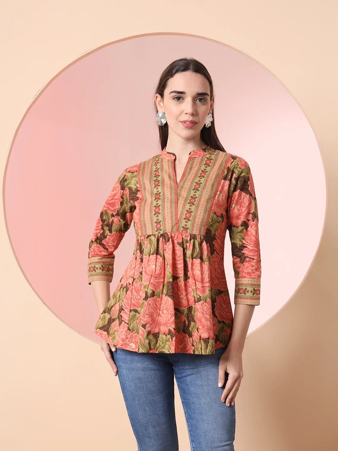 Yufta Peach Pure Cotton Gathered Or Pleated Top  Grab2Buy Yufta Grab2Buy
