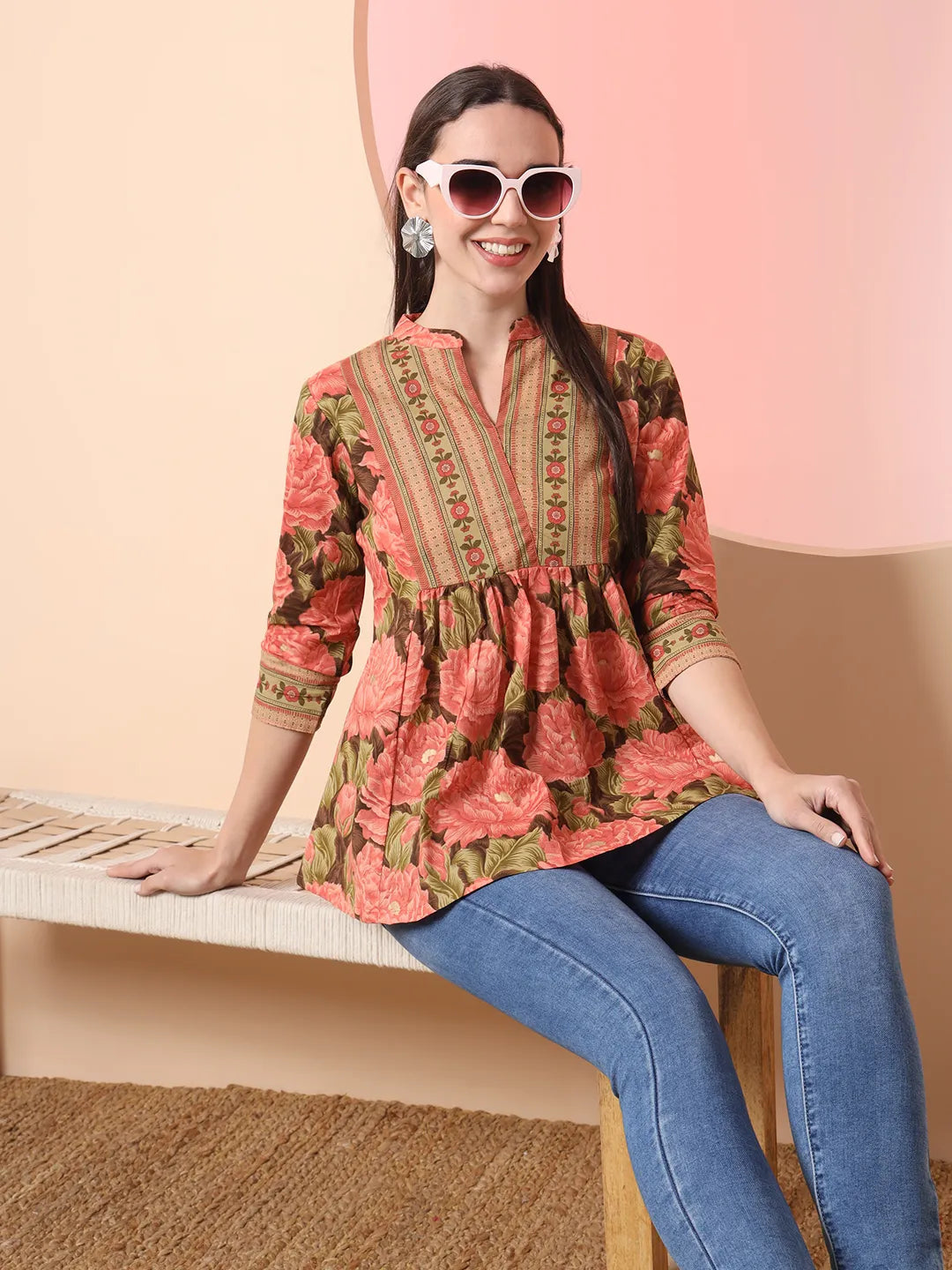 Yufta Peach Pure Cotton Gathered Or Pleated Top  Grab2Buy Yufta Grab2Buy