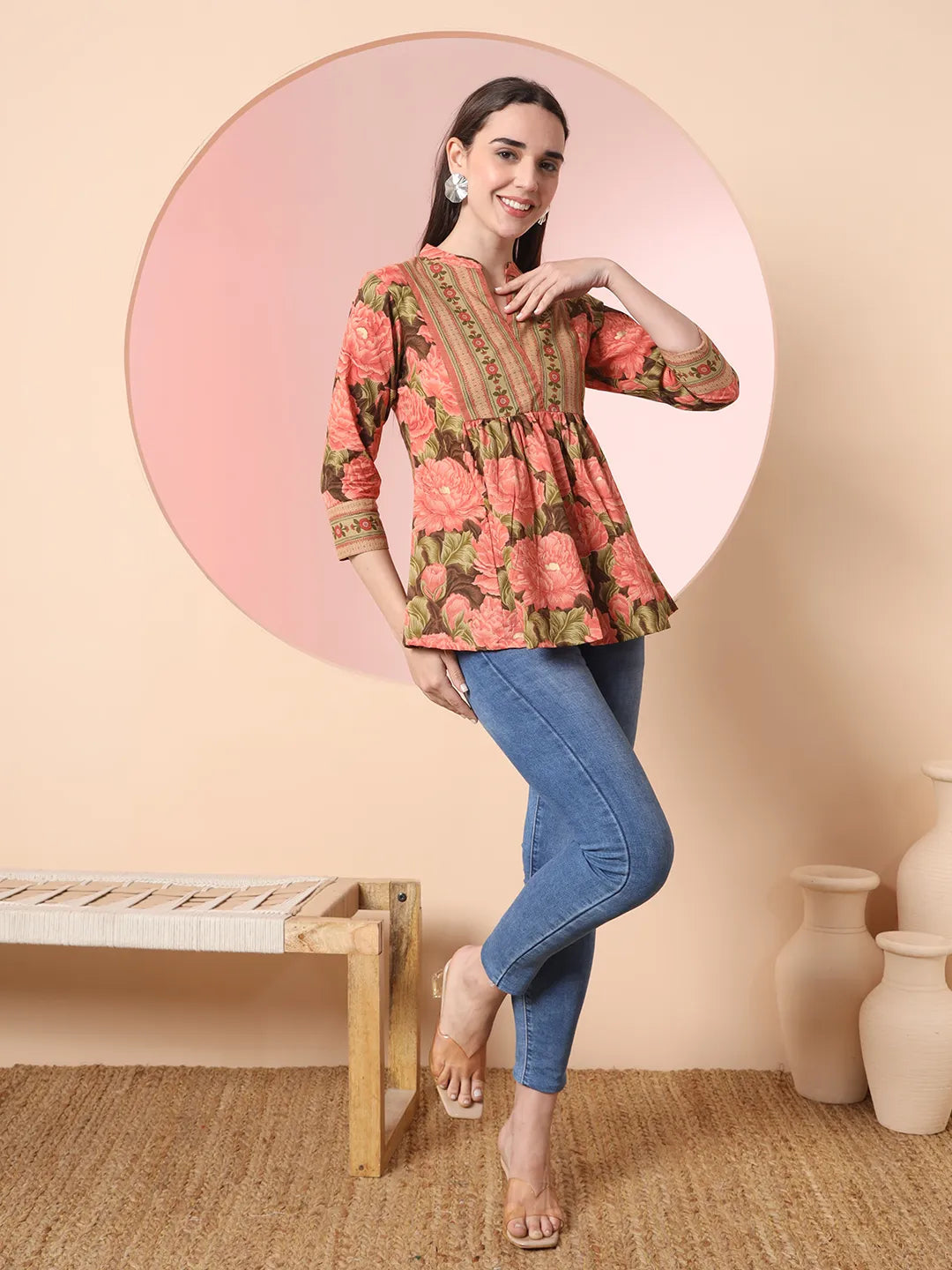 Yufta Peach Pure Cotton Gathered Or Pleated Top  Grab2Buy Yufta Grab2Buy