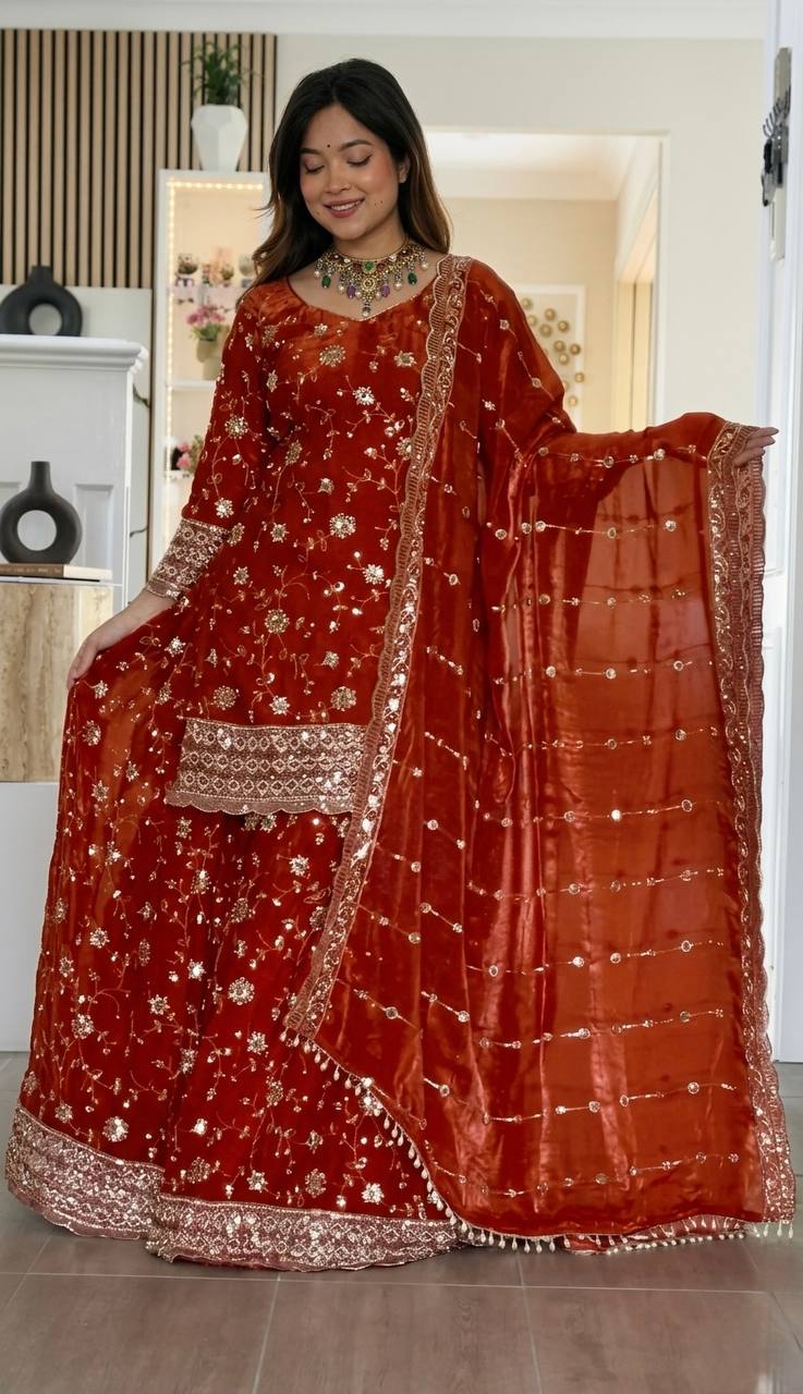 Yash Enterprise Orange Fandy Silk Party Wear Embroidery Sharara Suit Set  Grab2Buy Yash Enterprise Grab2Buy
