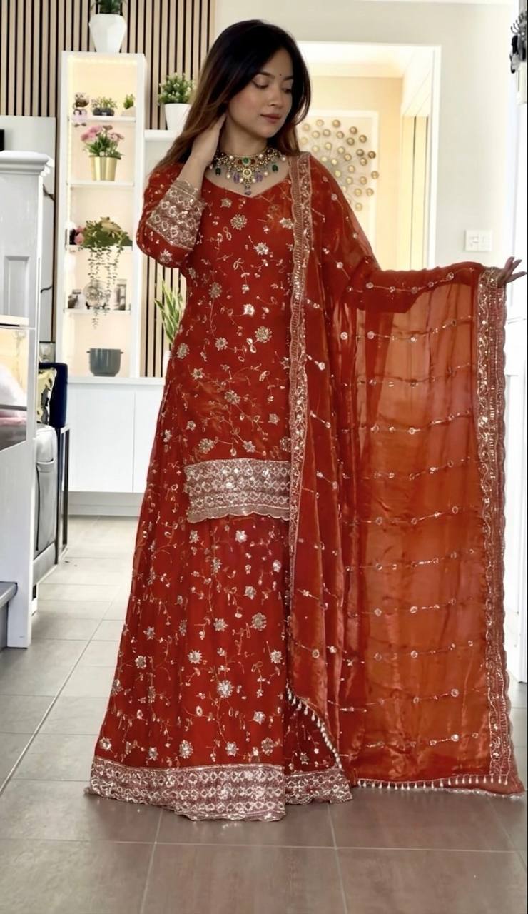 Yash Enterprise Orange Fandy Silk Party Wear Embroidery Sharara Suit Set  Grab2Buy Yash Enterprise Grab2Buy