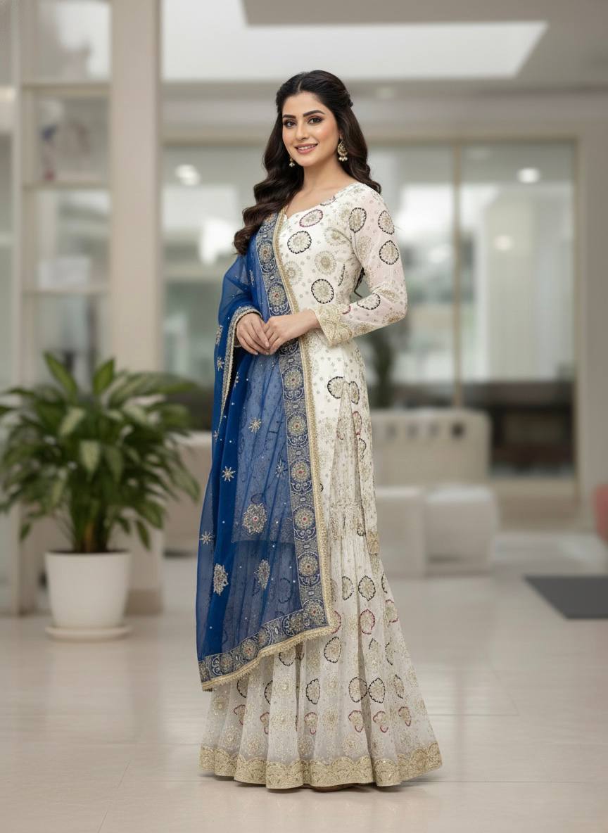Yash Enterprise Off White Faux Georgette Embroidered Party Wear Suit Set  Grab2Buy Yash Enterprise Grab2Buy