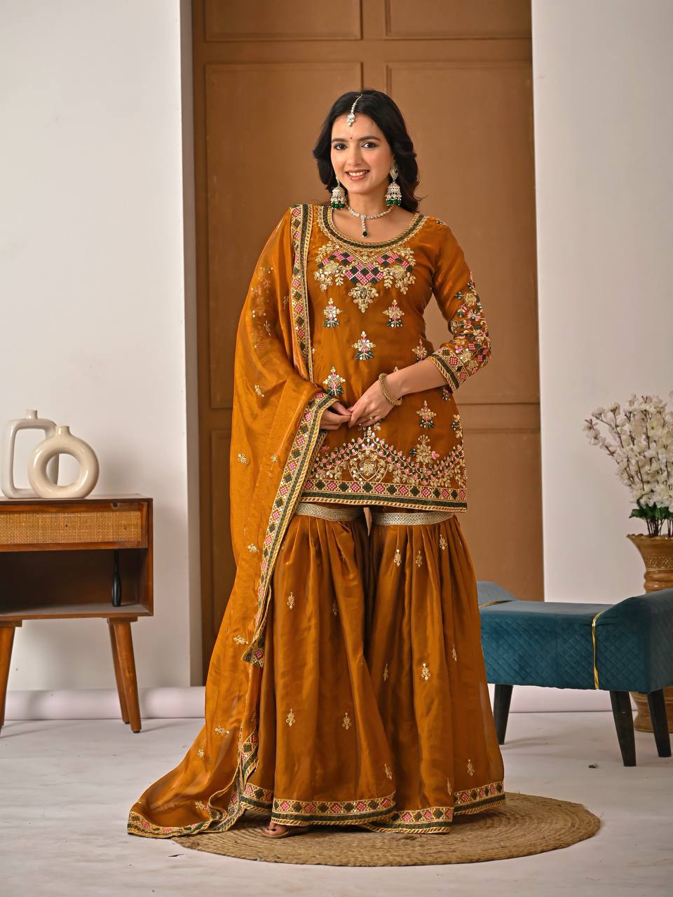 Yash Enterprise Orange Fandy Silk Party Wear Embroidery Suit Set  Grab2Buy Yash Enterprise Grab2Buy