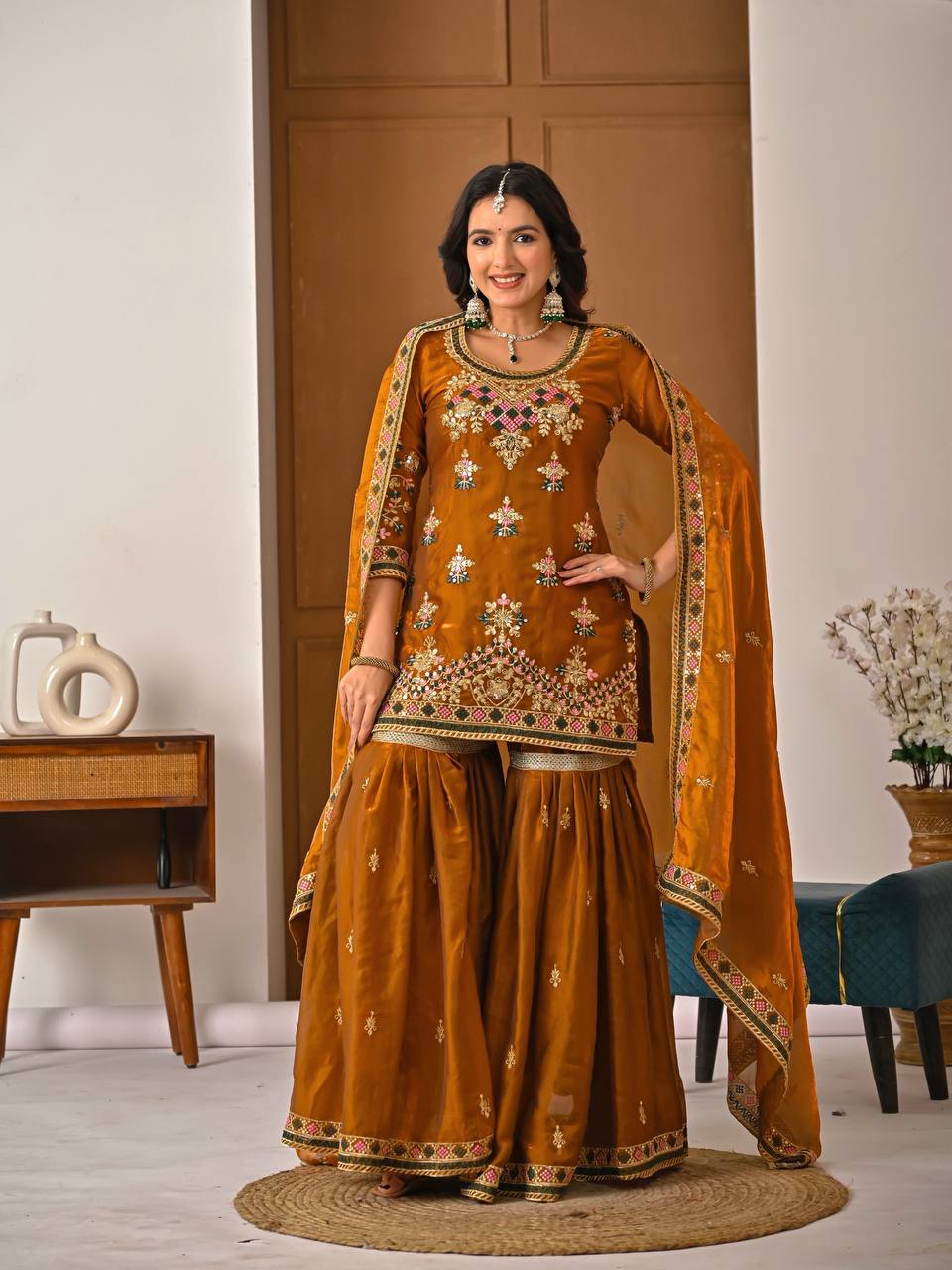 Yash Enterprise Orange Fandy Silk Party Wear Embroidery Suit Set  Grab2Buy Yash Enterprise Grab2Buy